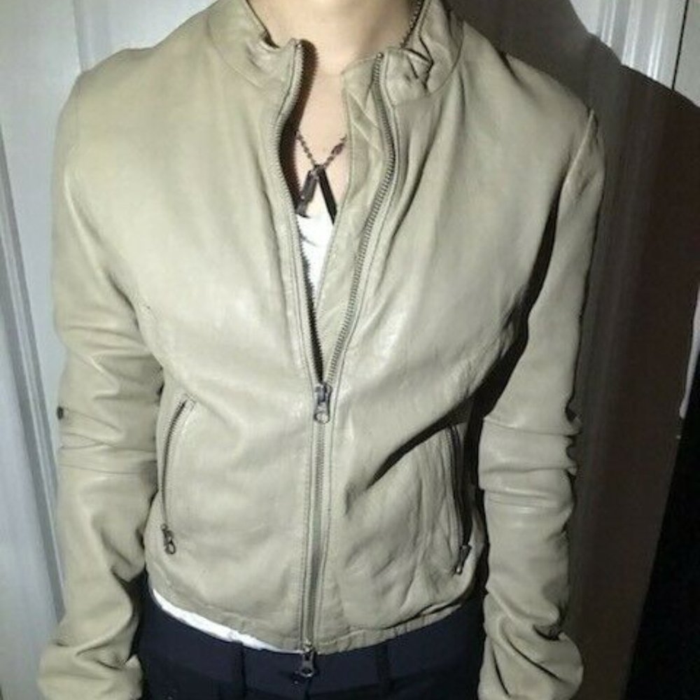 BCBG MaxAzria Leather Jacket tan zip up small